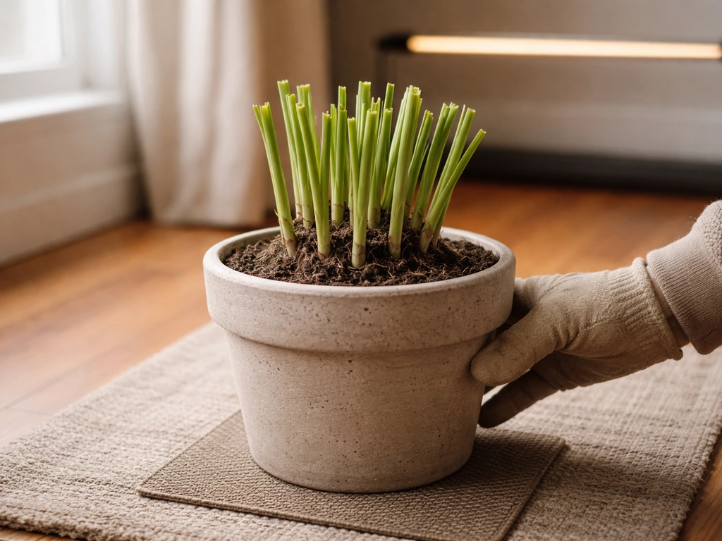 Potted lemongrass with trimmed stalks being moved indoors near a window
