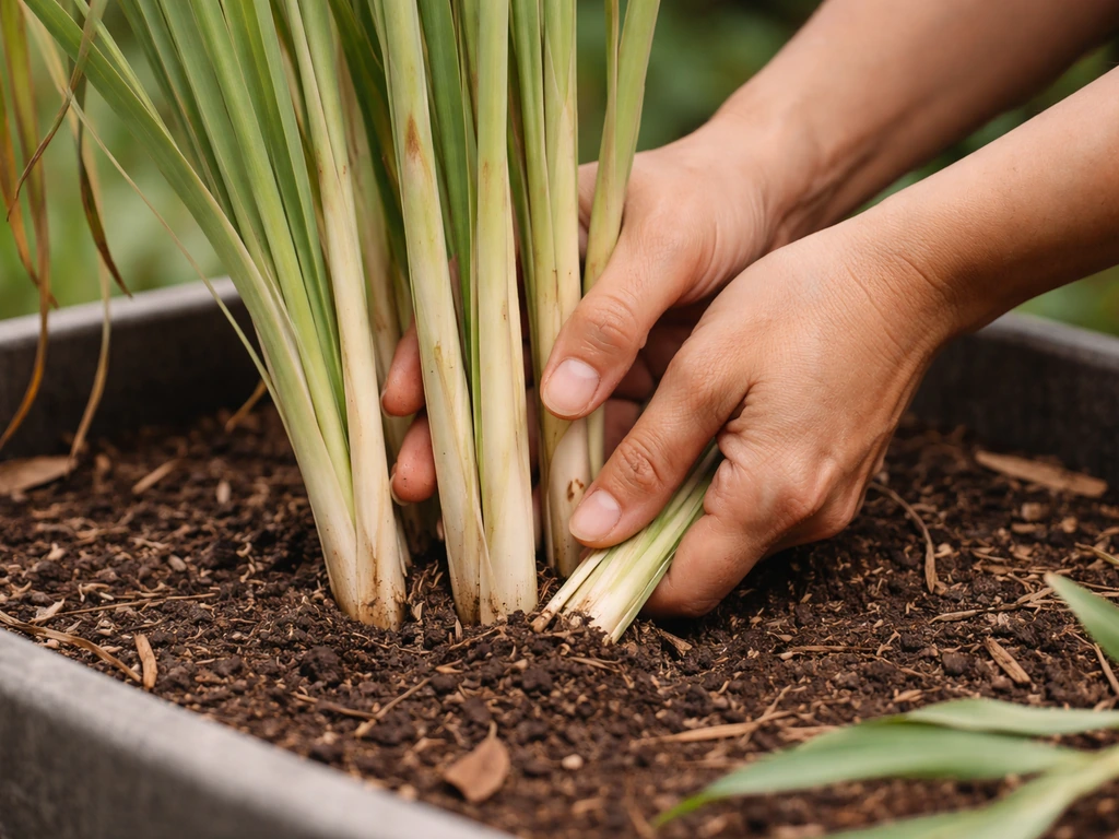 Anonymous hands cutting lemongrass stalks at ground level in a container garden, ready to harvest.