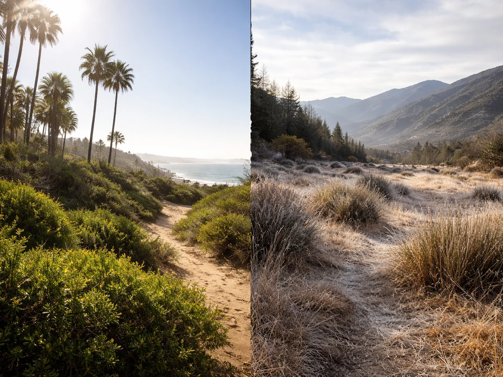 A split coastal-versus-inland California landscape showing warm coastal greenery and cooler frost-prone hills