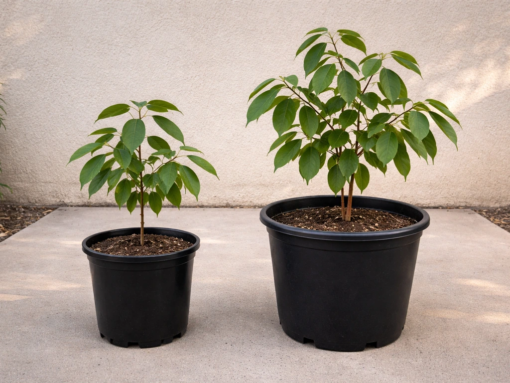 Two cinnamon plants in stacked-size pots, showing a 5-gallon start and later larger pot in a backyard
