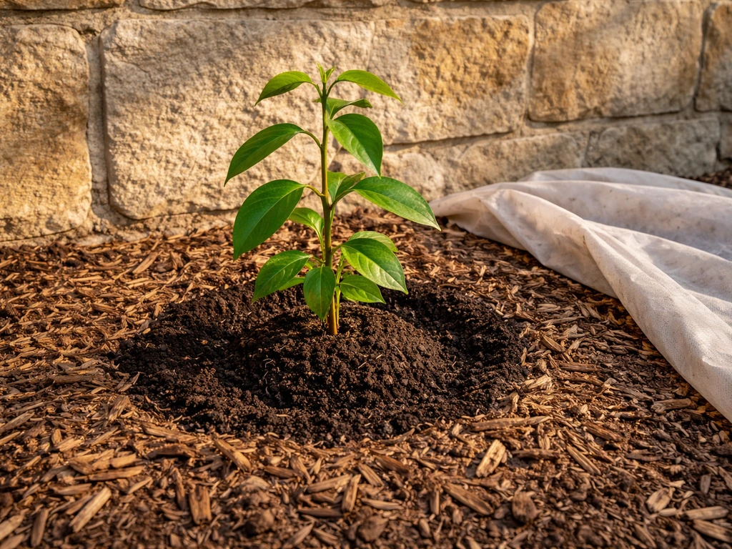 Cinnamon plant newly planted in a mulched garden bed beside a warm south-facing wall, soil placement visible