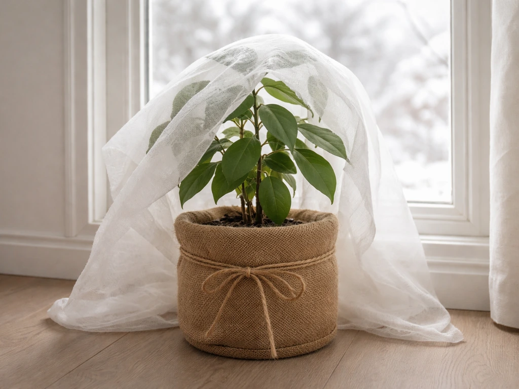 A potted cinnamon plant protected for winter, wrapped for cold nights near a bright indoor window.