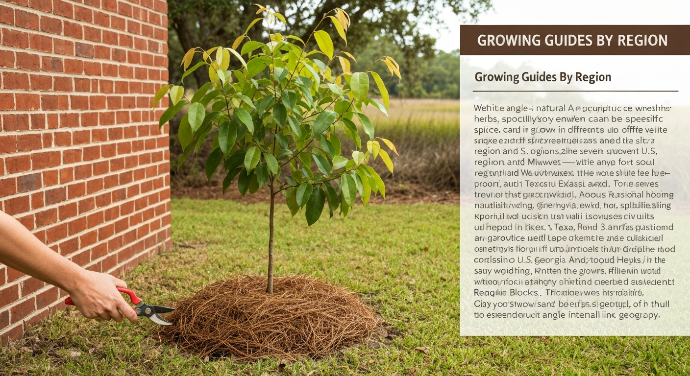Cinnamon tree (cassia) growing in a coastal Georgia backyard by a south-facing brick wall.