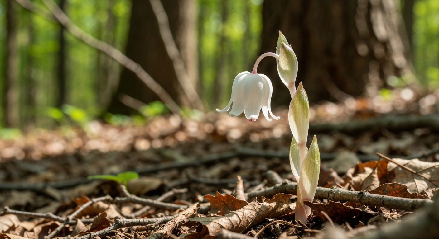 Macro photo of a single translucent white ghost pipe (Monotropa uniflora) with a nodding bell-shaped flower growing from leaf litter in an oak-hickory forest.