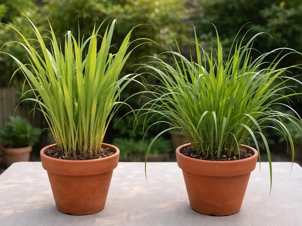 Two potted lemongrass plants side by side, showing distinct leaf clumping and color differences for easy comparison.