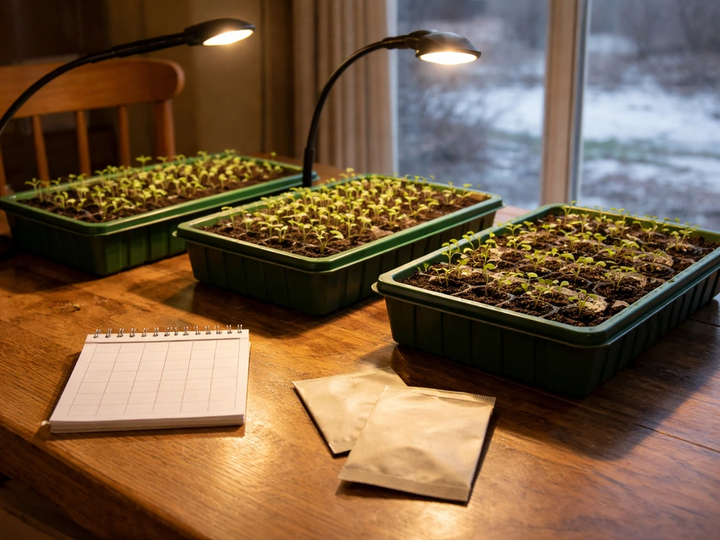 Indoor seedlings under warm grow lights with frosty ground visible through a window.