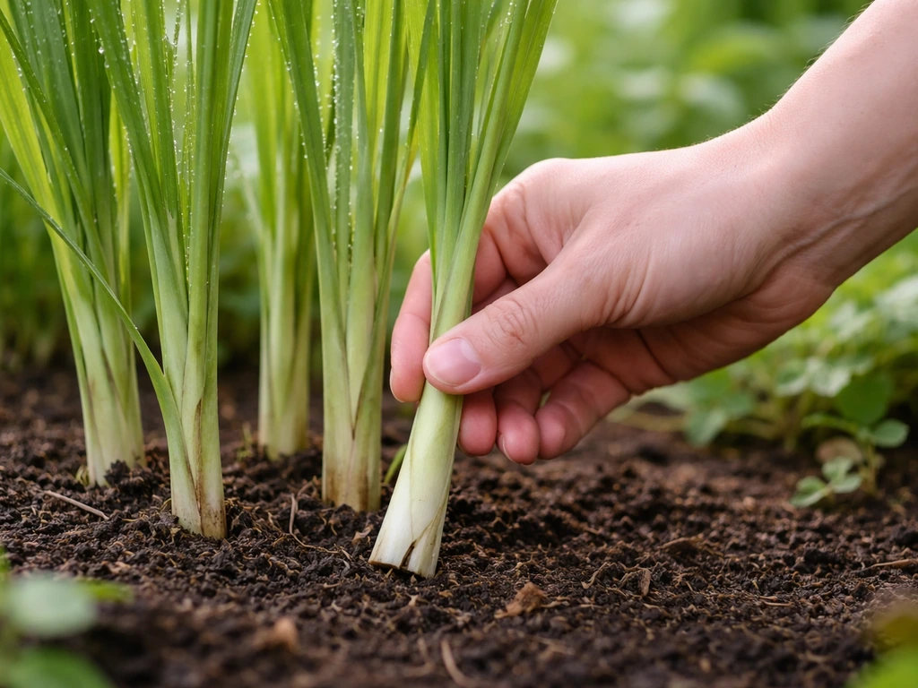 Close-up of lemongrass stalks with a hand harvesting the lower edible portion.