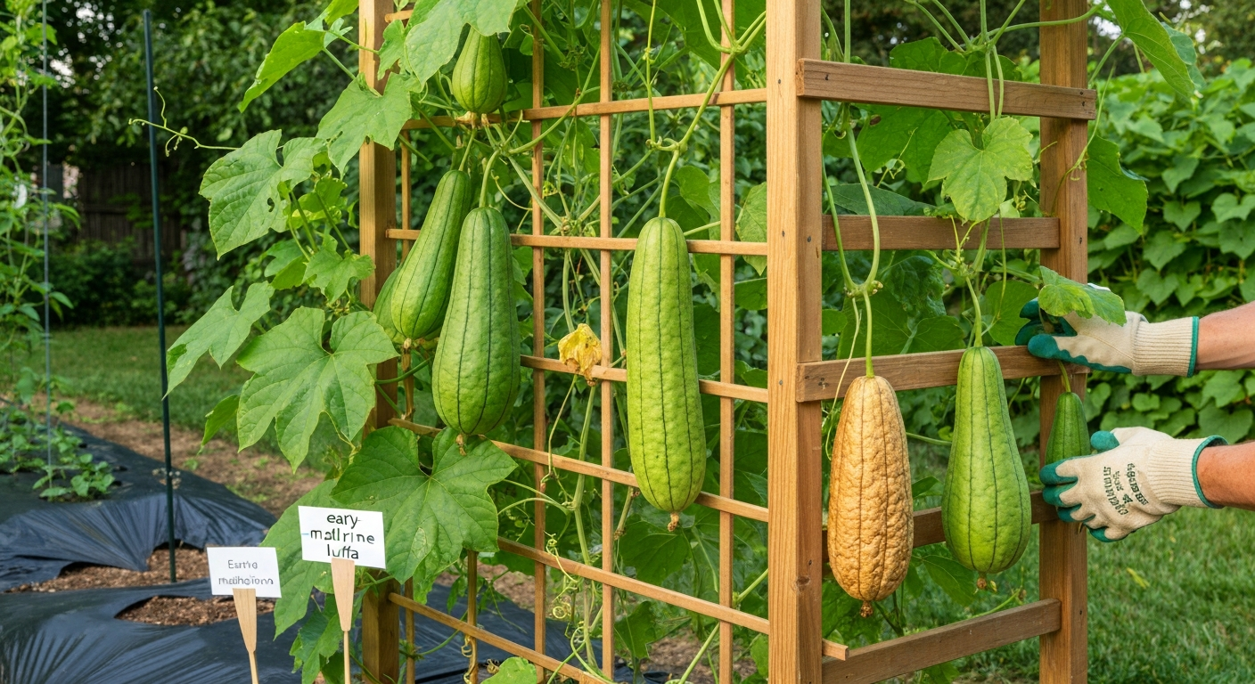 Photorealistic backyard garden with luffa vines on a trellis, fruits at multiple stages, black plastic mulch, and a gardener's hand.