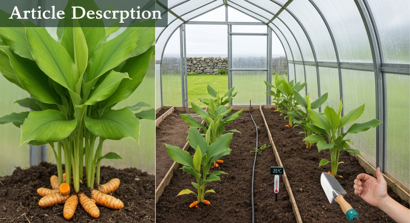 Turmeric plants and rhizomes growing in a warm polytunnel in an Irish garden, with a small thermometer showing ~20°C.