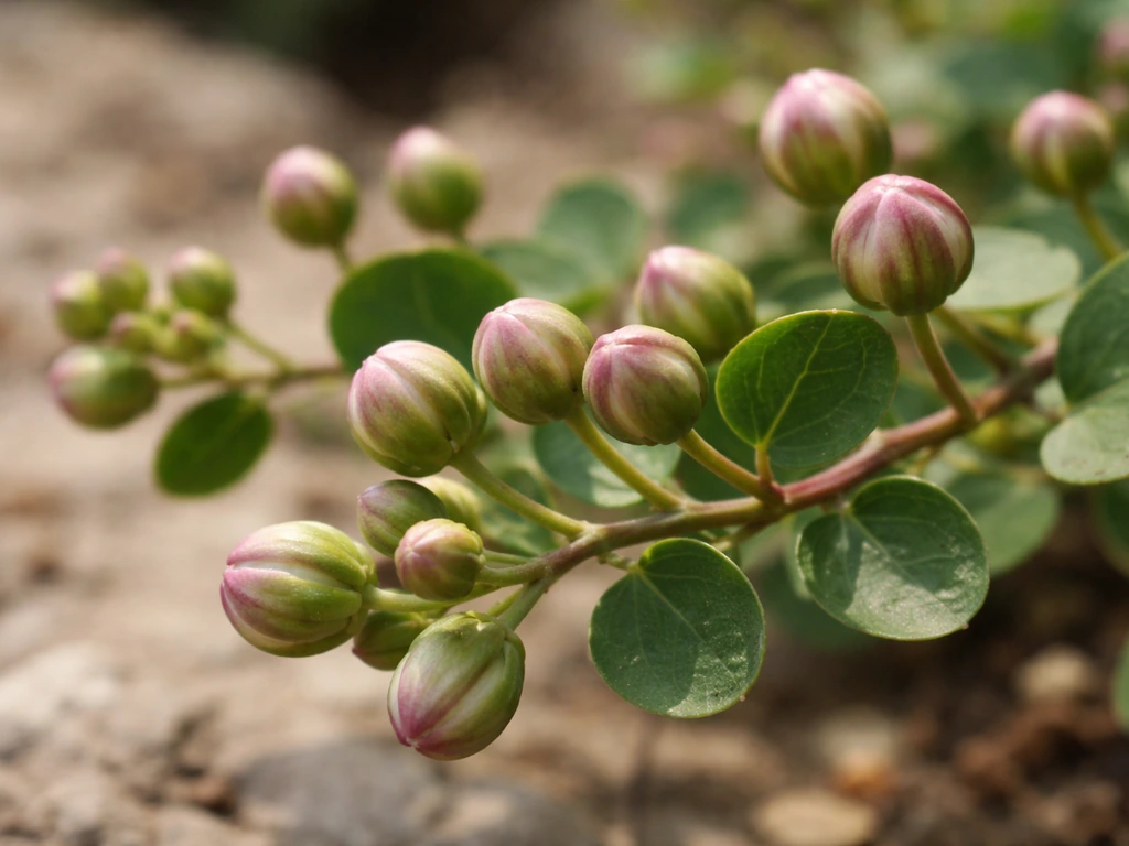 Close-up of caper plant buds on a sunlit branch, some tightly closed and some starting to open.
