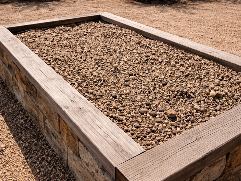 Gritty fast-draining soil mix in a raised bed with gravel texture under strong sunlight.