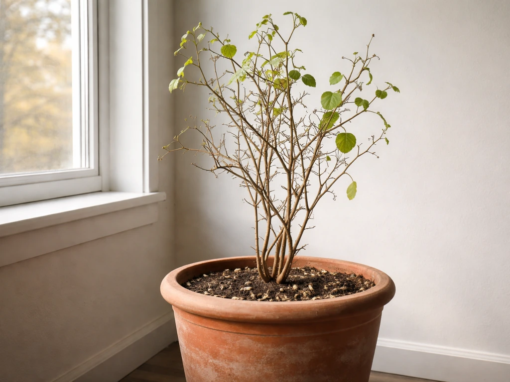 A potted caper plant moved indoors in a cool room with light winter protection.