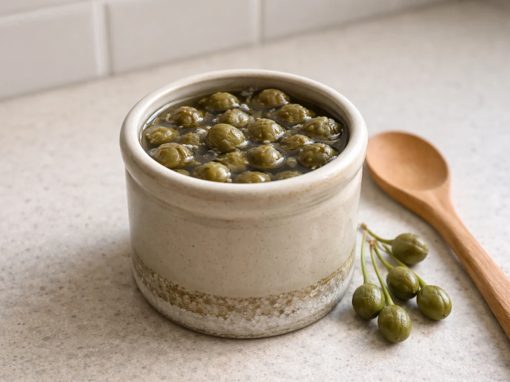 Jar or crock of brine with salt layer and caper buds on a kitchen counter, ready for curing/pickling.