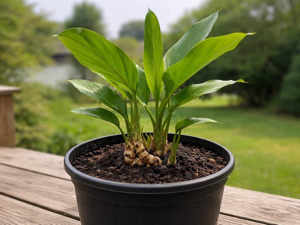 Potted shampoo ginger lily on a warm Canadian patio deck with leaves and rhizome visible, no frost present
