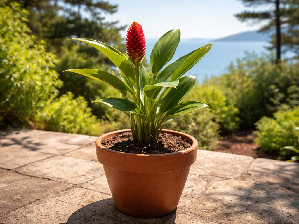 Shampoo ginger lily growing in a sunny coastal garden, hinting at Canada’s warmer regions for outdoor growth.