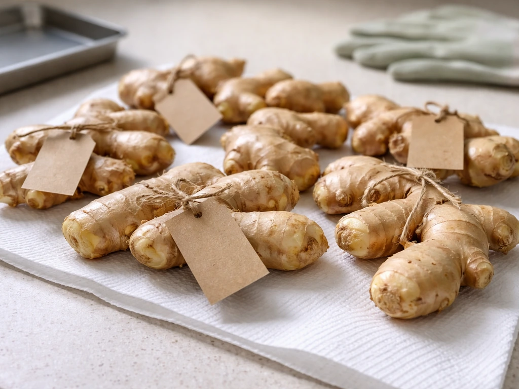 Healthy firm ginger rhizomes laid out on paper with gloves and a tray for pre-plant inspection.