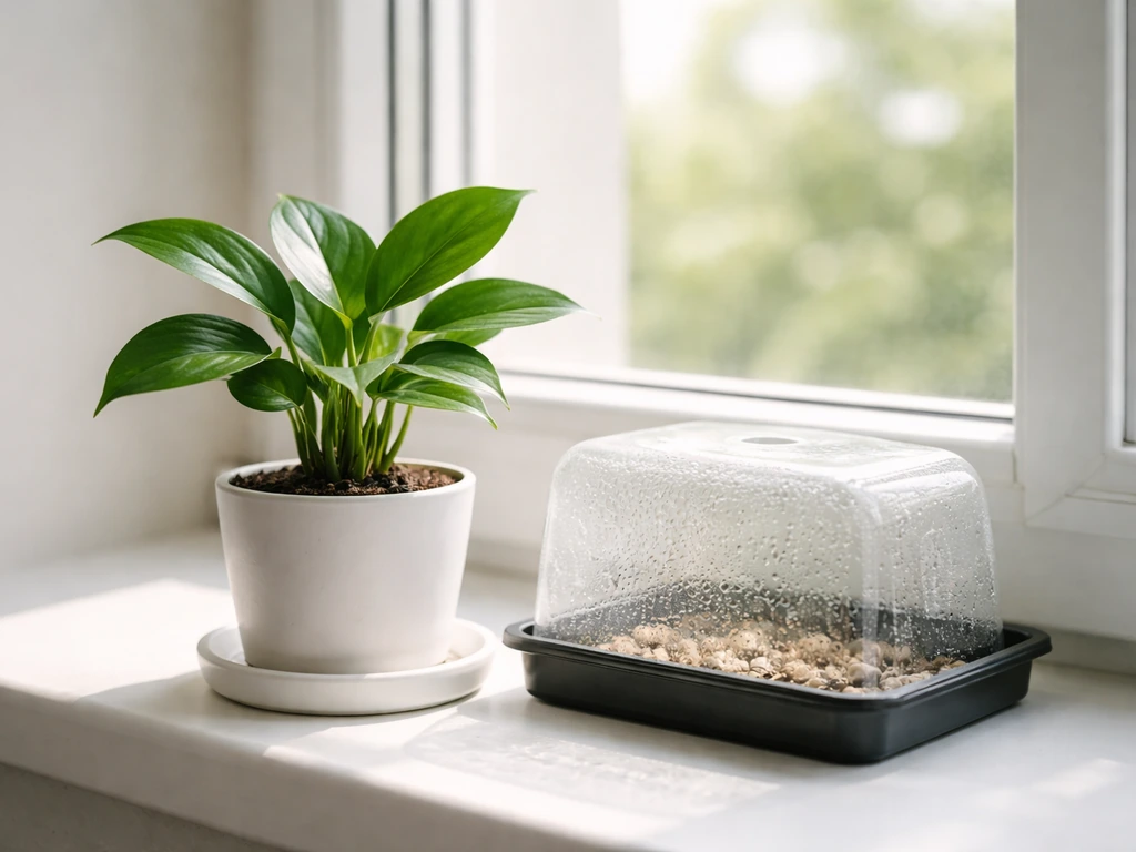 Tropical container plants near a bright window with a clear humidity dome for strong summer-like light