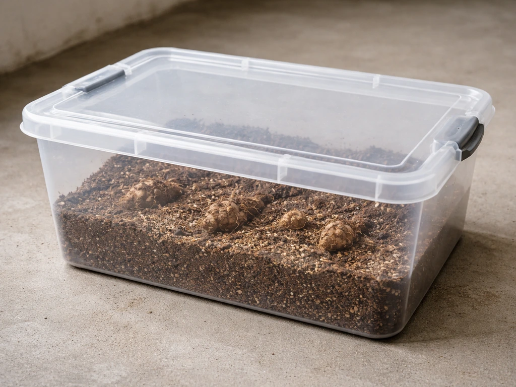 Rhizomes resting in slightly damp peat and vermiculite inside a lidded plastic bin in a cool storage area
