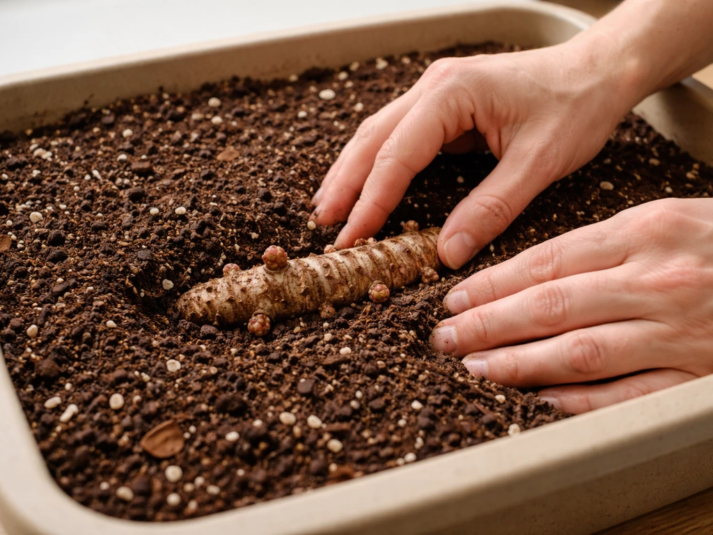 Hands place a rhizome horizontally 5 cm deep in moist potting mix, nodes facing up.