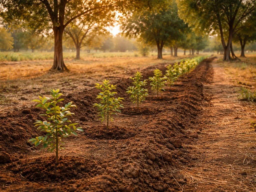 Sunlit Indian farm with young sandalwood saplings growing among nearby host trees in warm soil