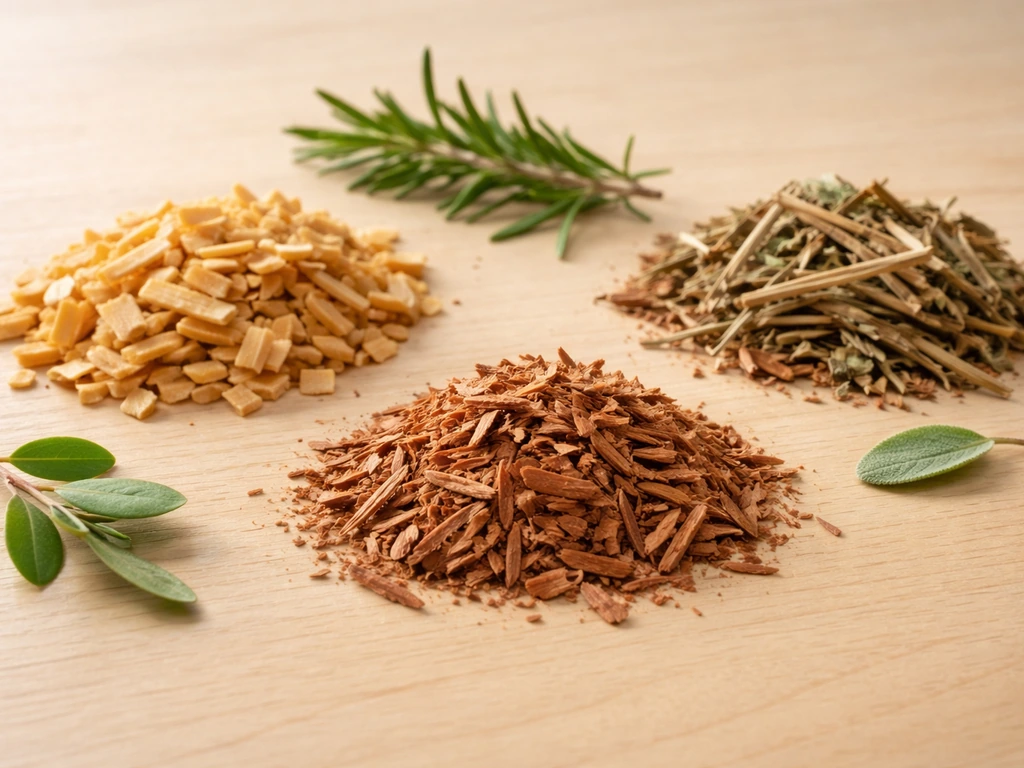 Close-up of small piles of fragrant sandalwood-like wood and leaves on a simple tabletop for comparison