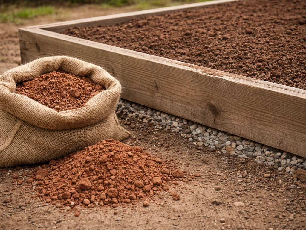 Close-up of a bag of red loam soil amendment beside a simple raised bed drainage setup with gravel.