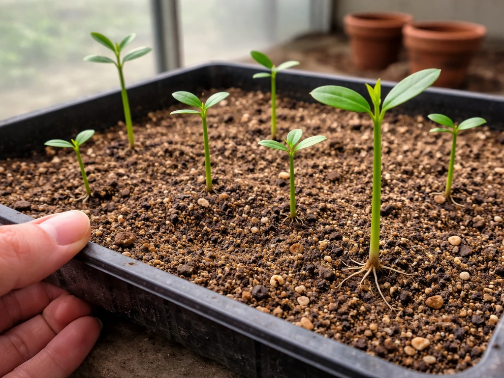 Gritty potting mix and small sandalwood seedlings in a tray, ready for planting.