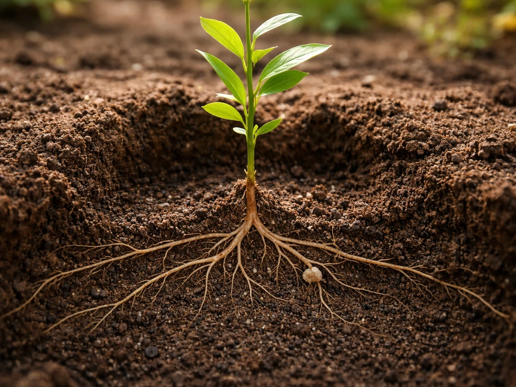 Sandalwood sapling in a planting hole with visible host root contact points as a subtle realistic cross-section