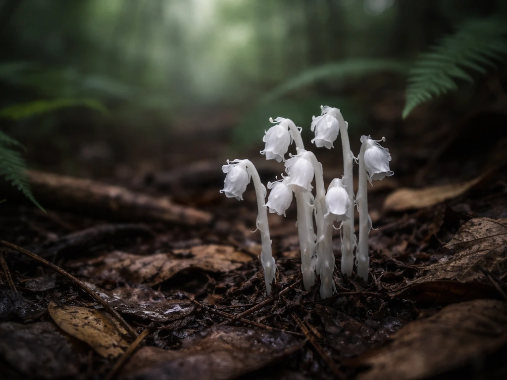 Pale ghost pipe flower spikes emerging from leaf litter in a shaded Georgia-style hardwood forest understory.