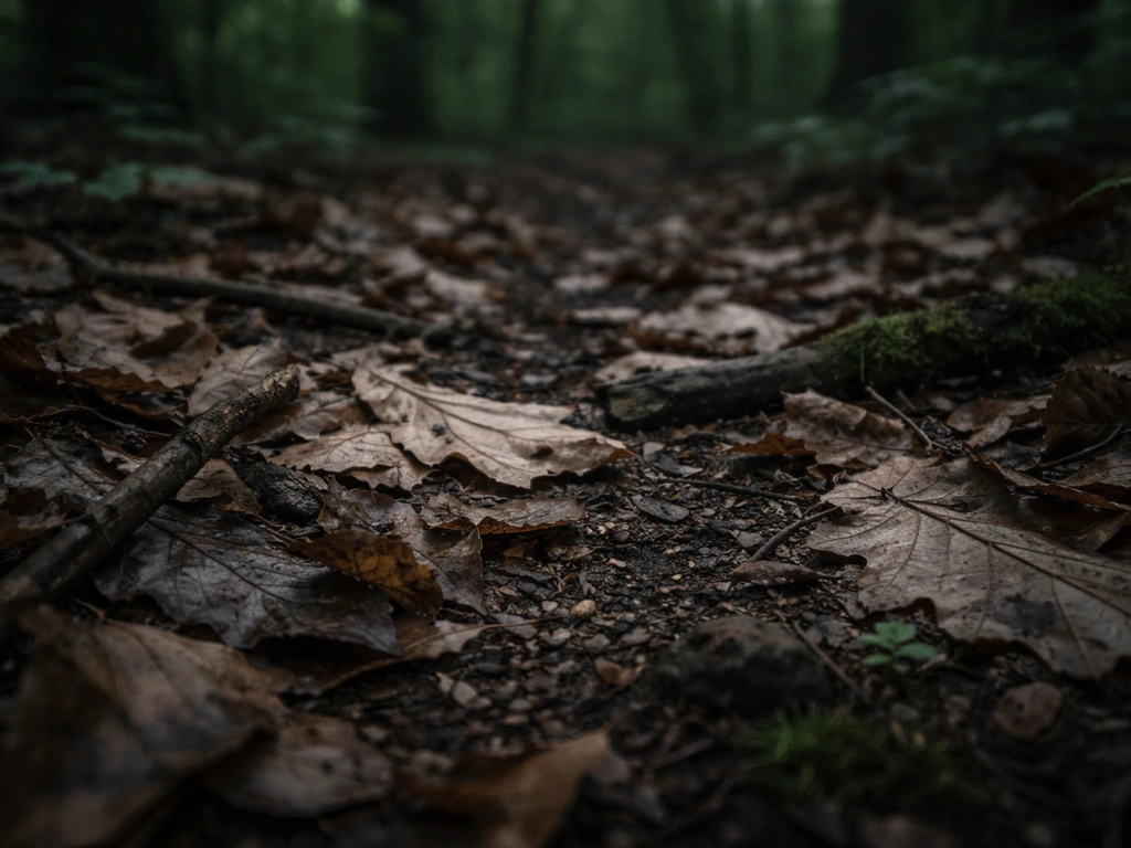 Close-up of leaf-litter forest floor under a mature hardwood canopy in deep shade.