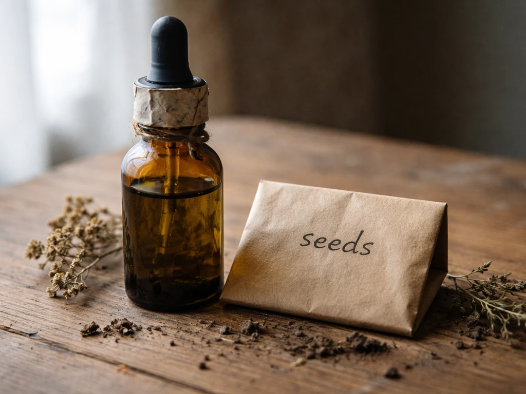 Close-up of an unmarked herbal tincture bottle beside a small paper packet labeled only “seeds,” suggesting sourcing cau