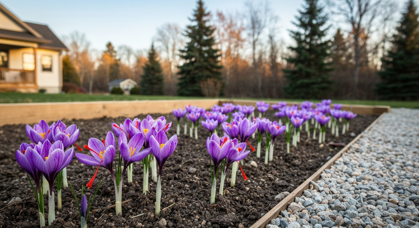 Raised bed of blooming saffron crocus in a Canadian backyard at morning light, showing purple flowers and red stigmas, raised bed and gravel edge visible.