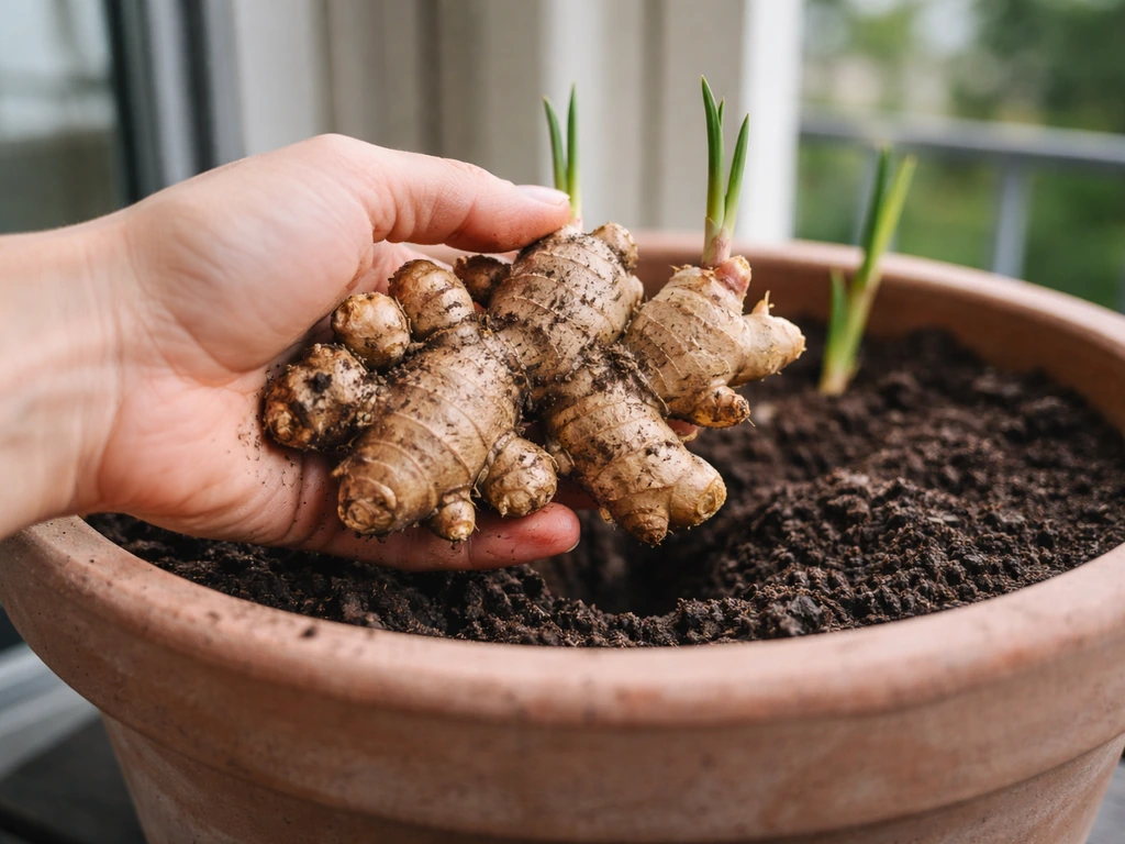 Fresh ginger rhizomes harvested from a home container planter on a kitchen patio table