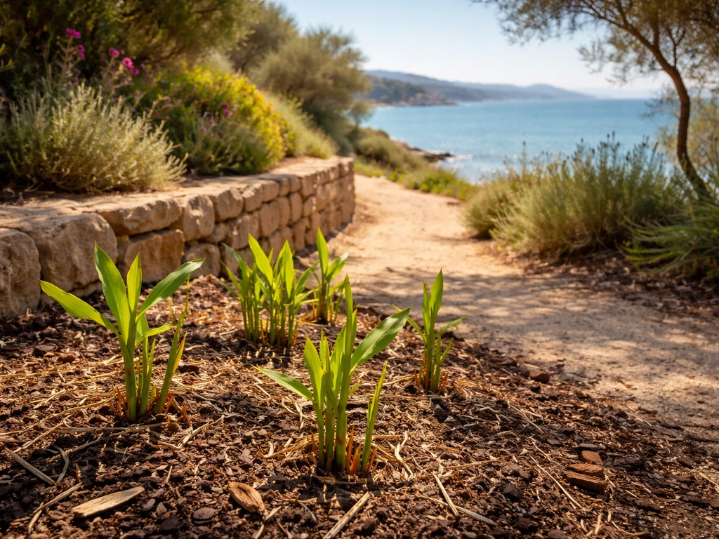 Sunlit Mediterranean garden on a coastal slope with ginger plants in-ground near stone wall.