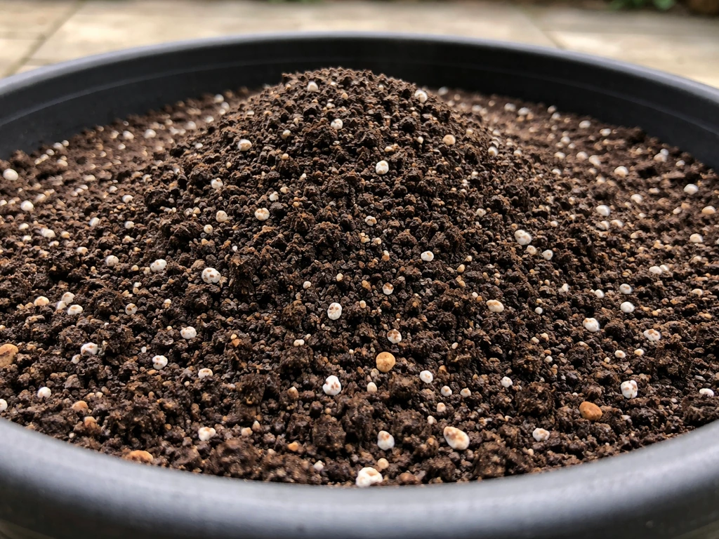 Close-up of ginger soil mix in a shallow container showing dark compost with perlite and coarse grit