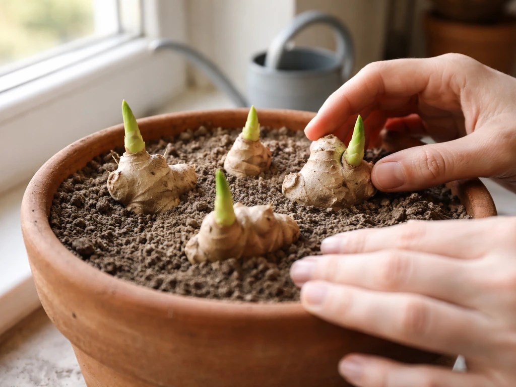 Indoor potted ginger rhizomes being planted, partially sprouted, in a simple soil-filled container