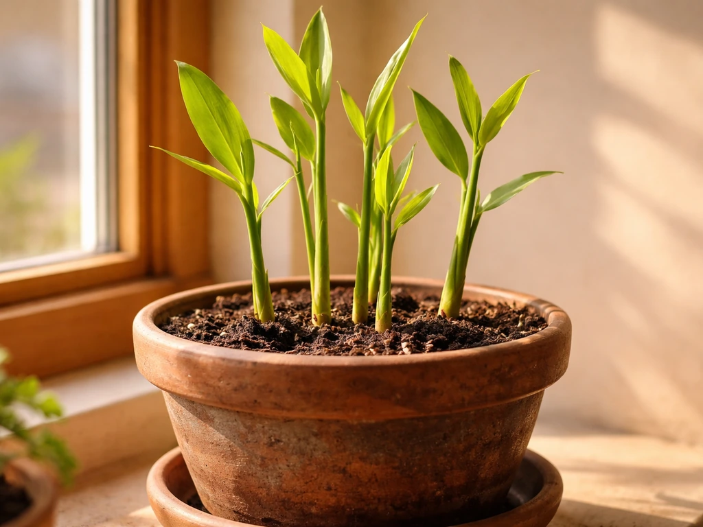 Fresh ginger shoots growing in a warm, sunlit pot by a window indoors.