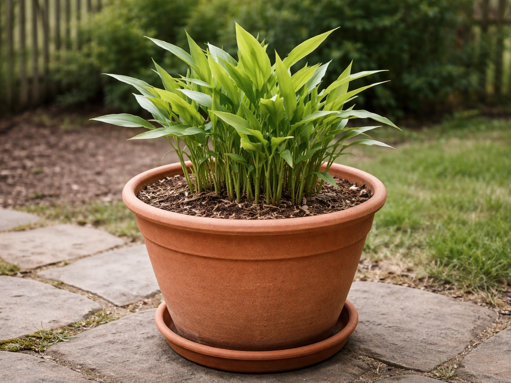 Large outdoor pot with ginger plant, lined tray and mulch in a simple garden corner