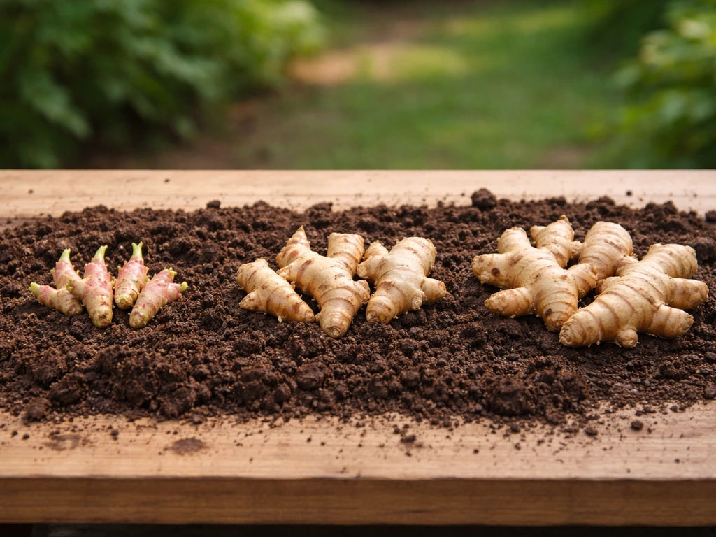 Three staged ginger harvests showing baby vs mature rhizomes and sizes on clean soil in a garden.