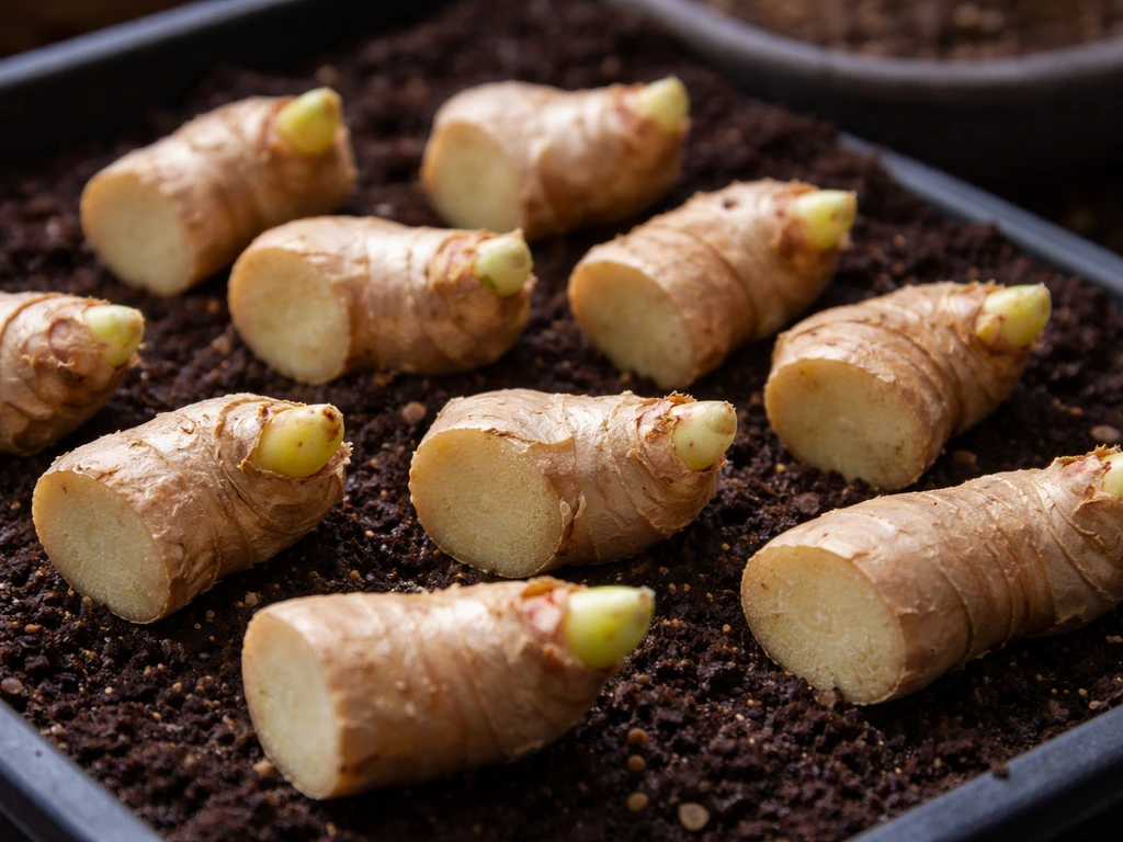Close-up ginger rhizome cuttings with visible buds, callused surfaces resting on potting mix