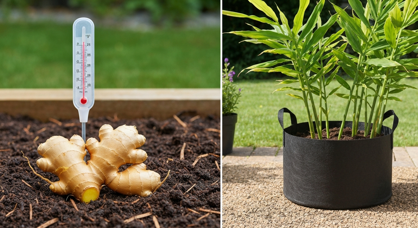 Healthy ginger plant with visible golden rhizomes in a raised bed and a fabric container on a sunny patio, with a soil thermometer reading 75°F.