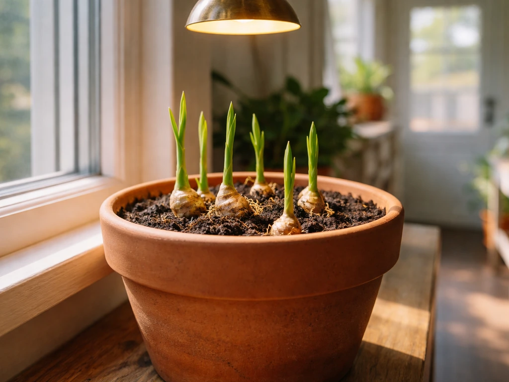 Ginger shoots growing in a terracotta pot on a bright Maine windowsill under warm light.