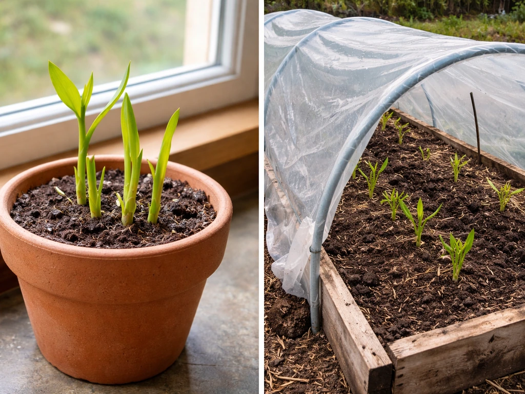 Side-by-side: ginger in an indoor container by a window and ginger in a Maine hoophouse bed outdoors.
