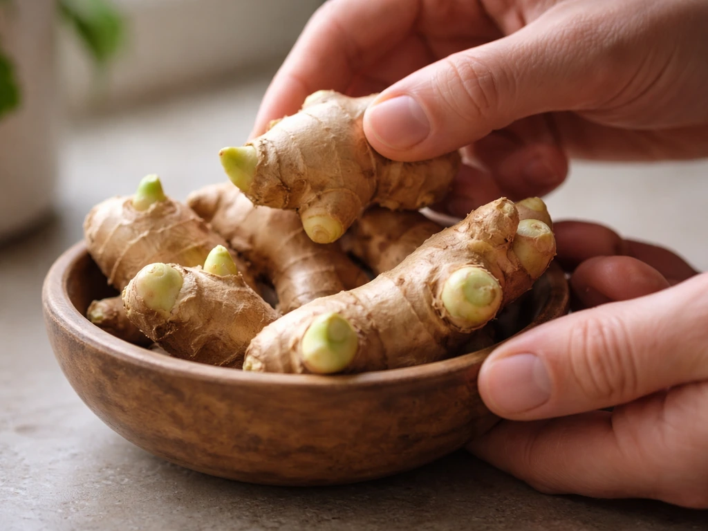 Close-up of hands picking organic ginger rhizomes with visible buds on a kitchen counter.
