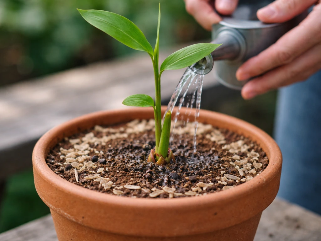 Hands gently watering loamy ginger soil in a draining clay pot; soil stays moist, not soggy.