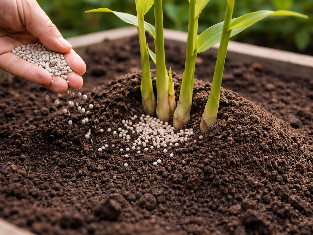 Granular fertilizer sprinkled near ginger stems, with soil mounded up around emerging plants in a garden bed.