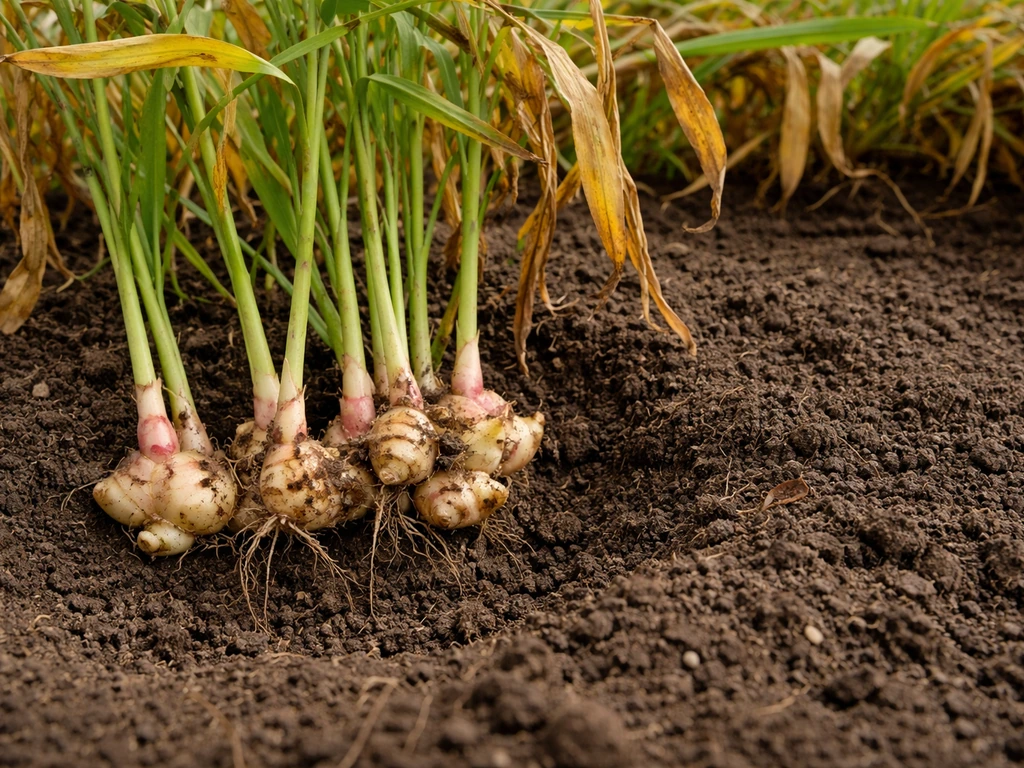 Freshly lifted baby ginger rhizomes beside ginger plants with yellowing foliage in a soil garden bed.