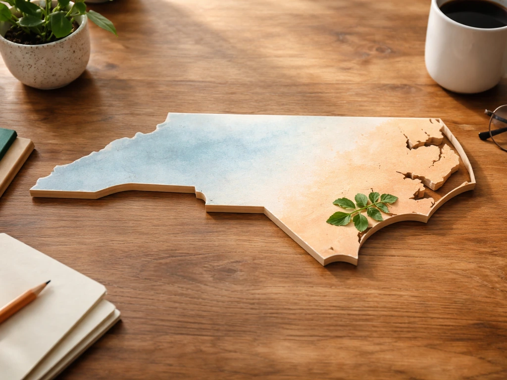 Minimal wooden North Carolina outline with subtle cool/warm zone coloring and a moringa sprig silhouette.
