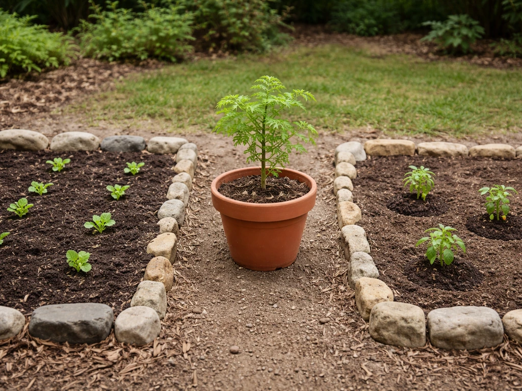 Three simple garden growing setups—in-ground annual bed, container moringa, and starter plants—shown side by side.