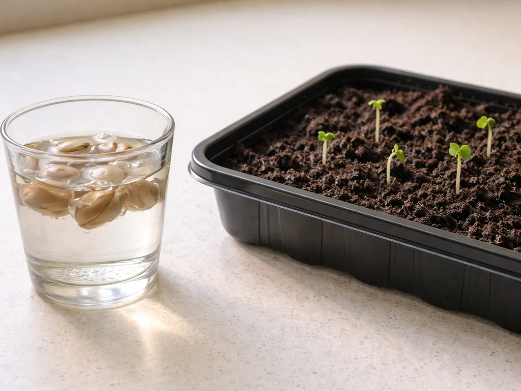 Soaked moringa seeds in a cup beside a small germination tray with emerging seedlings